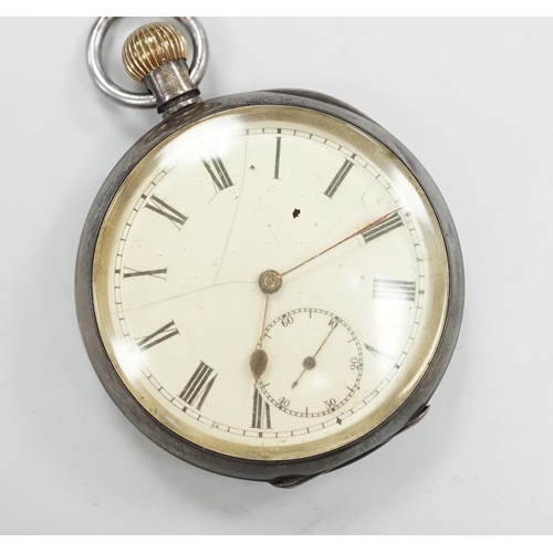 1910 - A Swiss 935 white metal open face pocket watch, with Roman dial(a.f.) and subsidiary seconds.