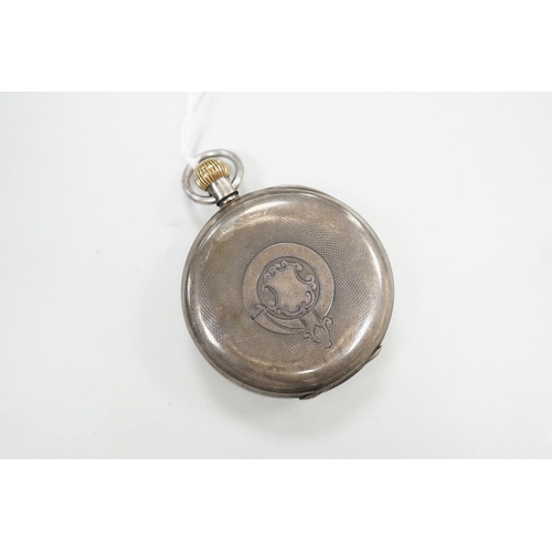 1910 - A Swiss 935 white metal open face pocket watch, with Roman dial(a.f.) and subsidiary seconds.