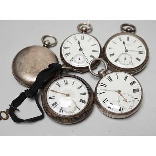 1915 - A 19th century silver pair cased keywind verge pocket watch, unsigned movement, together with three ... 