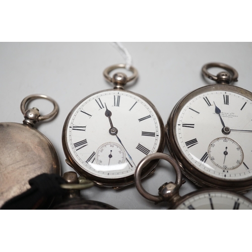 1915 - A 19th century silver pair cased keywind verge pocket watch, unsigned movement, together with three ... 