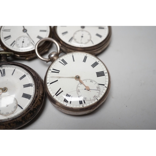 1915 - A 19th century silver pair cased keywind verge pocket watch, unsigned movement, together with three ... 