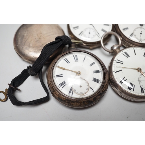 1915 - A 19th century silver pair cased keywind verge pocket watch, unsigned movement, together with three ... 