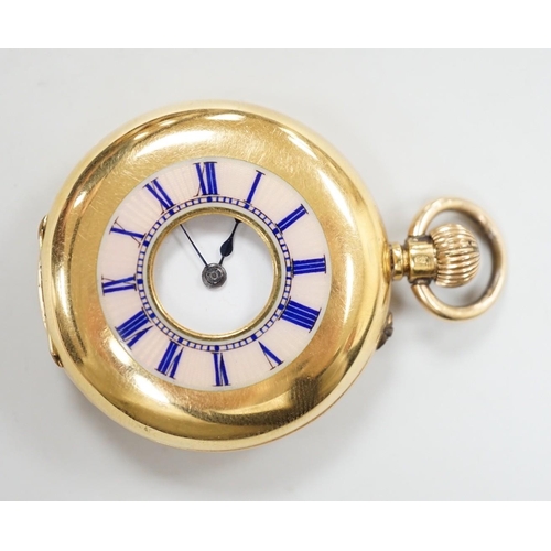 1932 - An 18k yellow metal and guilloche enamelled half hunter fob watch, with Roman dial, case diameter 34... 