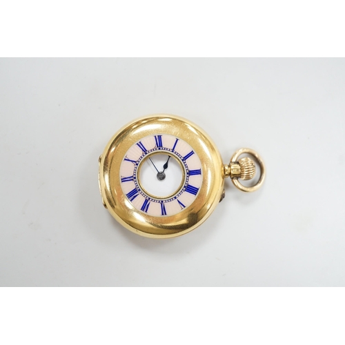 1932 - An 18k yellow metal and guilloche enamelled half hunter fob watch, with Roman dial, case diameter 34... 