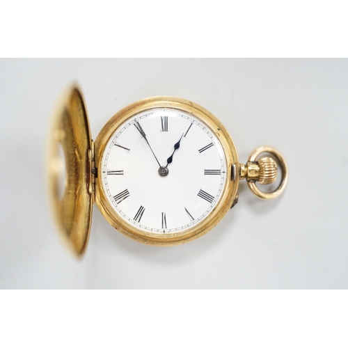 1932 - An 18k yellow metal and guilloche enamelled half hunter fob watch, with Roman dial, case diameter 34... 