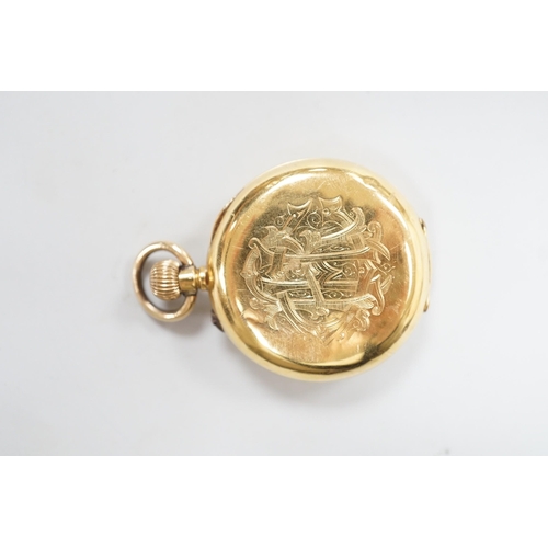 1932 - An 18k yellow metal and guilloche enamelled half hunter fob watch, with Roman dial, case diameter 34... 