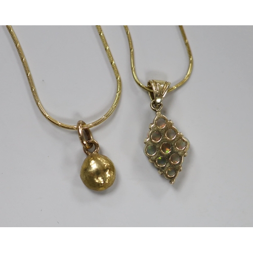 1941 - A modern 585 and white opal cluster set diamond shaped pendant, 17mm, on a 14k chain, 43cm and a yel... 