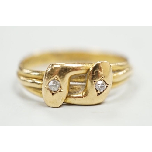 1950 - A late Victorian 18ct gold and two stone diamond set twin serpent ring, size L, gross weight 2.6 gra... 