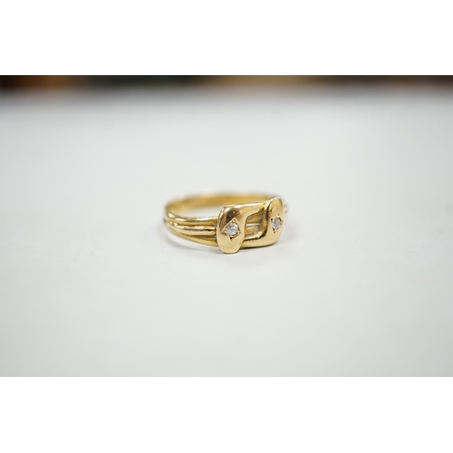 1950 - A late Victorian 18ct gold and two stone diamond set twin serpent ring, size L, gross weight 2.6 gra... 