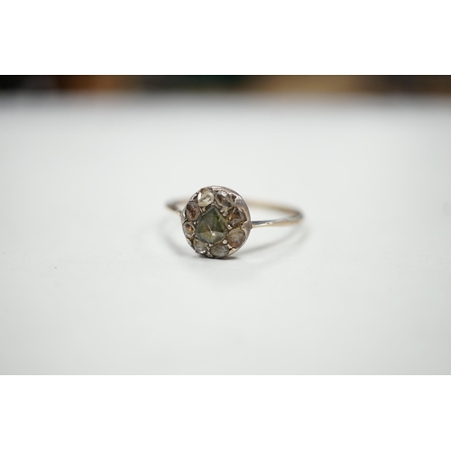 1957 - An antique yellow and white metal set rose cut diamond cluster ring, size S/T, gross weight 2.2 gram... 