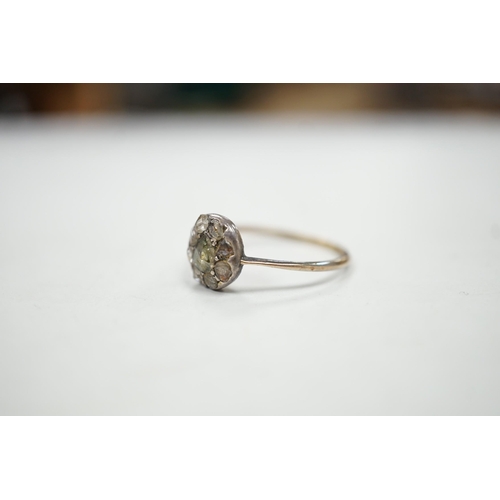 1957 - An antique yellow and white metal set rose cut diamond cluster ring, size S/T, gross weight 2.2 gram... 