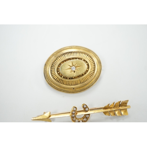 1958 - An early 20th century yellow metal, and seed pearl set arrow and horse shoe brooch, 60mm and a Victo... 