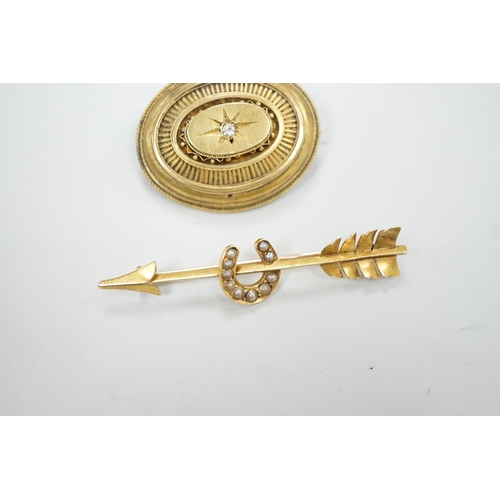 1958 - An early 20th century yellow metal, and seed pearl set arrow and horse shoe brooch, 60mm and a Victo... 