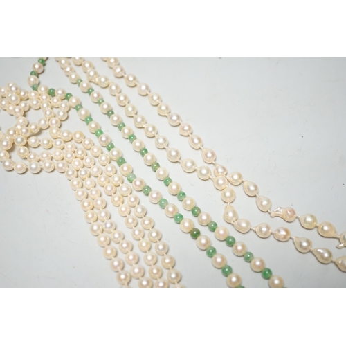 1963 - A Mikimoto single strand cultured pearl and green quartz? bead necklace, with white metal and cultur... 