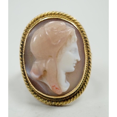 1966 - A modern 9ct gold and hardstone cameo ring, carved with the bust of a lady to sinister, size L, gros... 