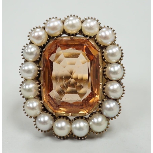 1967 - A mid 20th century gold, orange topaz and split pearl set cluster ring (adapted from an earlier broo... 