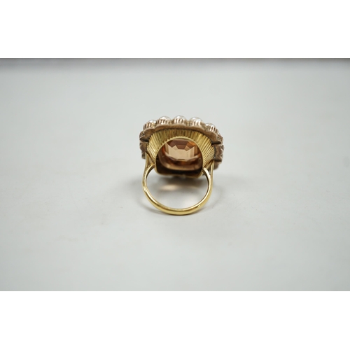 1967 - A mid 20th century gold, orange topaz and split pearl set cluster ring (adapted from an earlier broo... 