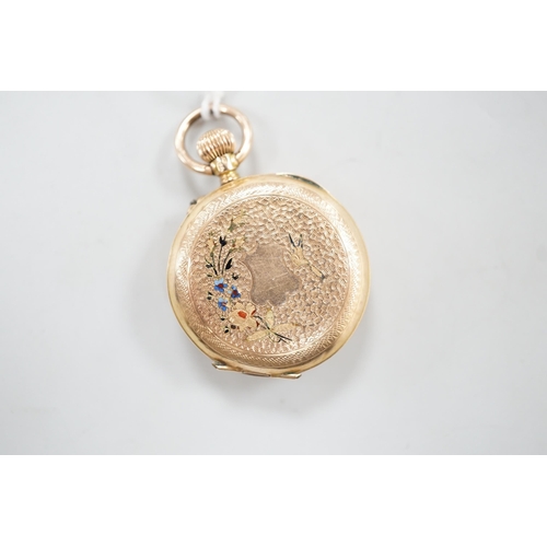 1985 - A yellow metal and enamelled fob watch, with gilt metal cuvette, 27mm, gross weight 18 grams.