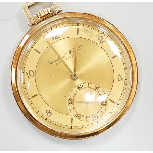 1986 - A 585 yellow metal IWC open faced keyless dress pocket watch, 44mm, gross 50.3 grams.