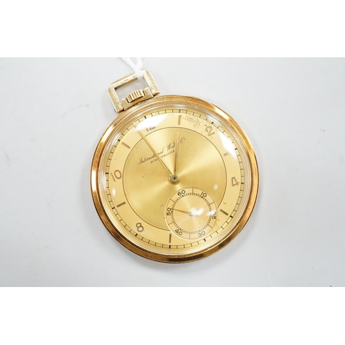 1986 - A 585 yellow metal IWC open faced keyless dress pocket watch, 44mm, gross 50.3 grams.