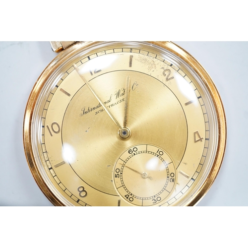 1986 - A 585 yellow metal IWC open faced keyless dress pocket watch, 44mm, gross 50.3 grams.