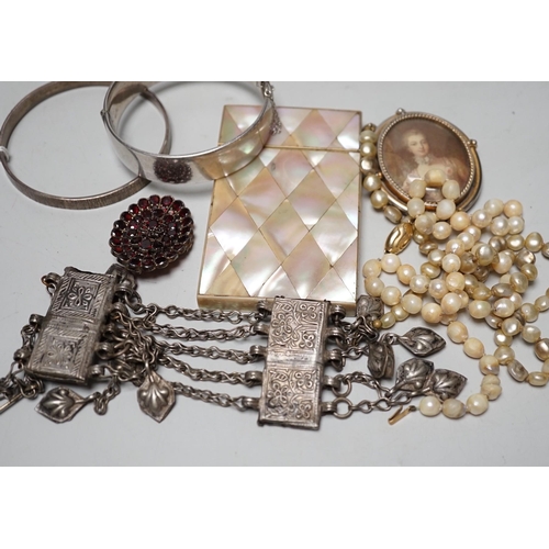 1987 - A collection of Victorian and later costume jewellery and a mother of pearl card case.