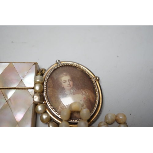 1987 - A collection of Victorian and later costume jewellery and a mother of pearl card case.