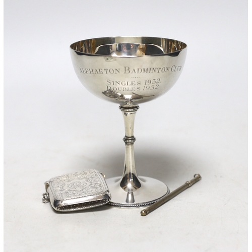 1821 - A George V silver Champagne coupe, Birmingham, 1923, 11.4cm with engraved inscription, a Victorian s... 