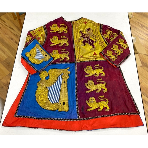 1596 - Two QEII Officer's of Arms of The Herald's College embroidered tabards and a similar silk garter, po... 