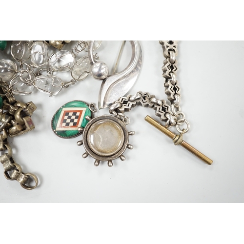 998 - Sundry jewellery including two Victorian albertina's including white metal, a malachite necklace, ro... 