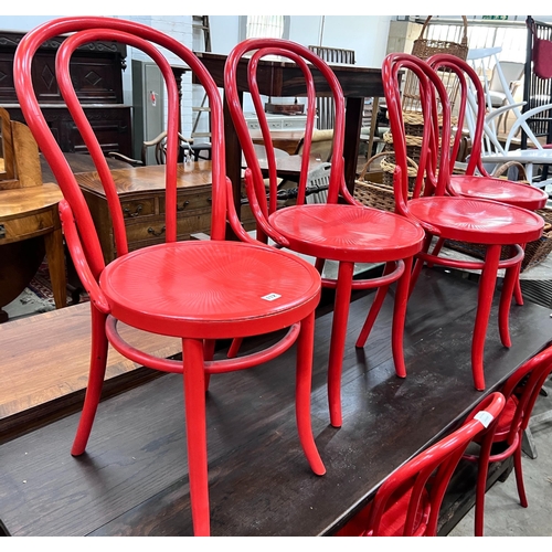 112 - A set of six modern red painted bentwood type dining chairs *Please note the sale commences at 9am.... 