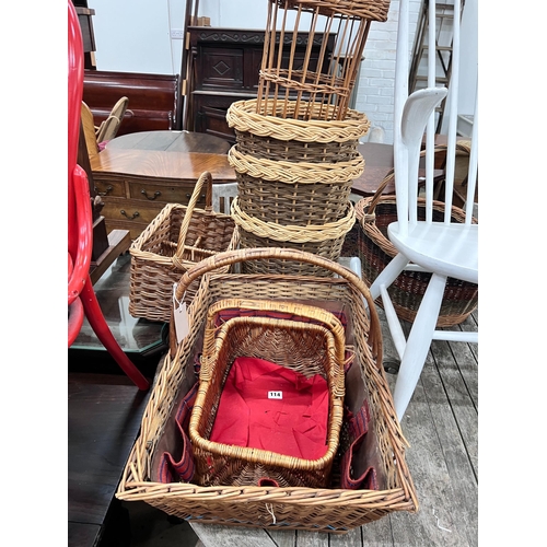 114 - An Asprey horse grooming basket, three waste paper baskets, three picnic baskets and a picnic drinks... 