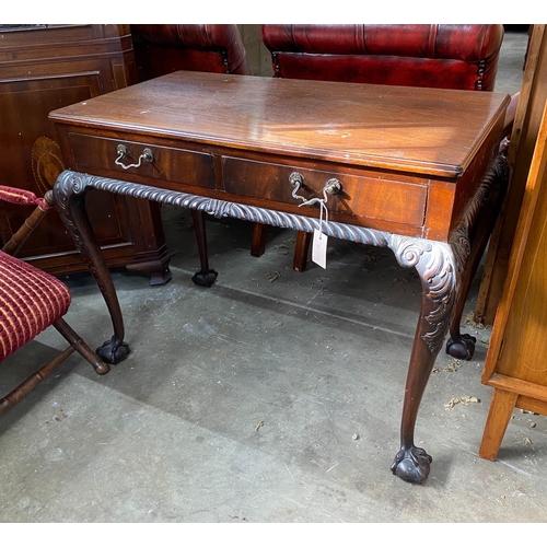 118 - An early 20th century Chippendale revival mahogany two drawer side table, width 92cm, depth 52cm, he... 