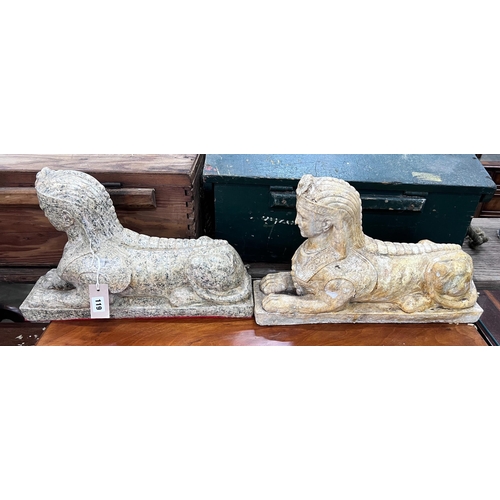 119 - A pair of composition faux marble sphinx, length 48cm, height 30cm *Please note the sale commences a... 