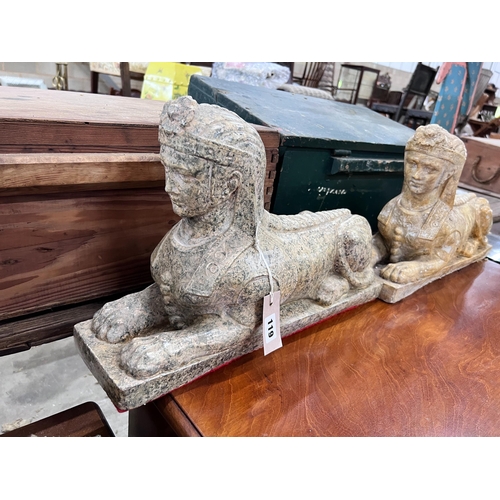 119 - A pair of composition faux marble sphinx, length 48cm, height 30cm *Please note the sale commences a... 