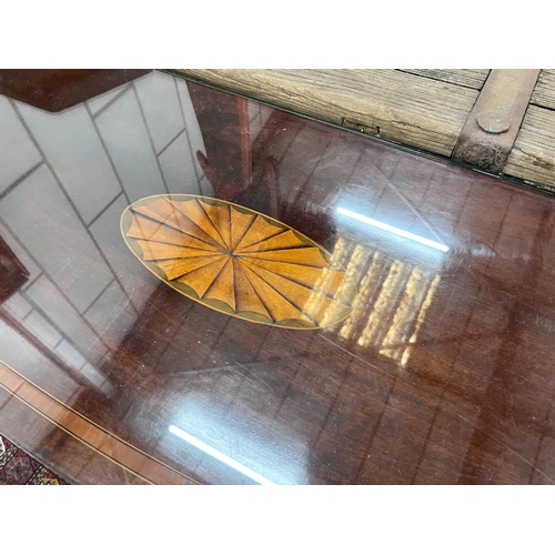 122 - A George III inlaid mahogany bow front serving table, length 140cm, depth 47cm, height 84cm *Please ... 