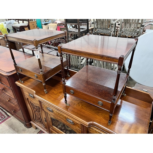 128 - A pair of reproduction mahogany two tier tables, width 46cm, depth 46cm, height 60cm *Please note th... 