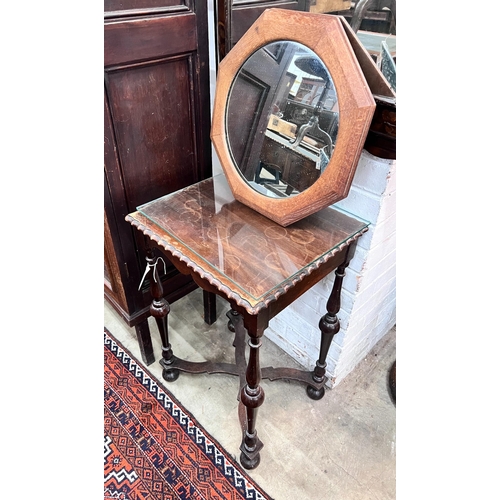 16 - A 1920's mahogany side table, width 45cm, height 70cm, together with an octagonal oak framed wall mi... 