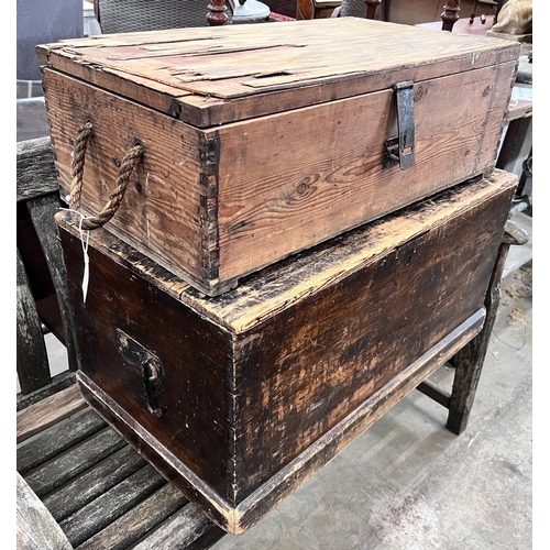 185 - A stained pine trunk, width 77cm and a pine and plywood trunk, width 71cm *Please note the sale comm... 