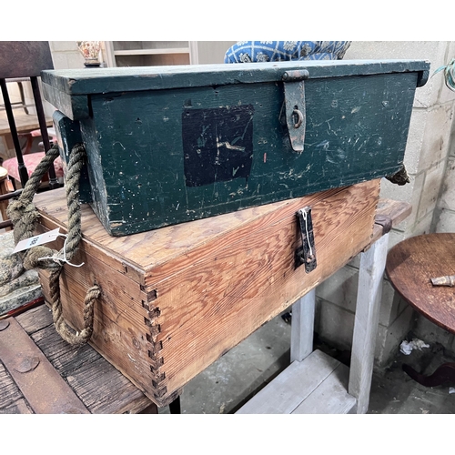 188 - A green painted wooden trunk, probably military issue, width 66cm, and a plywood and pine trunk, wid... 