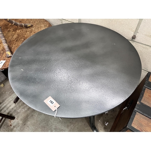 193 - A cast iron and painted metal adjustable circular occasional table, width 75cm *Please note the sale... 