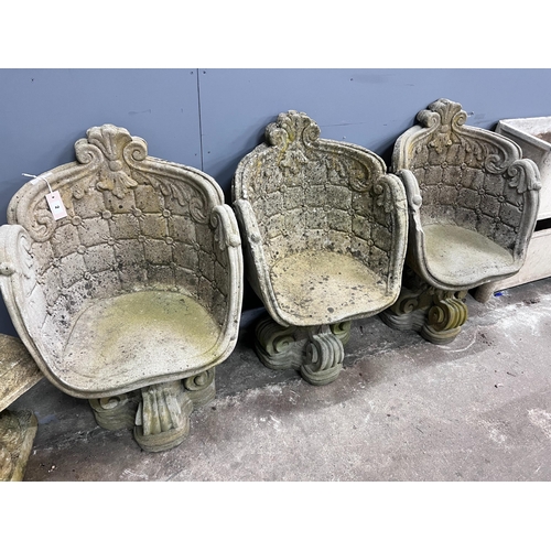 2 - Three reconstituted stone tub garden chairs, width 45cm, depth 46cm, height 82cm*Please note the sal... 