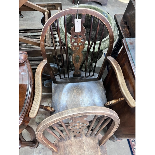 204 - A George III style mahogany tripod table, diameter 49cm, height 60cm, and two wheelback chairs *Plea... 