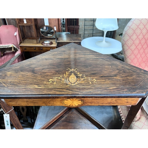 216 - An Edwardian marquetry and rosewood corner table, width 69cm *Please note the sale commences at 9am.... 