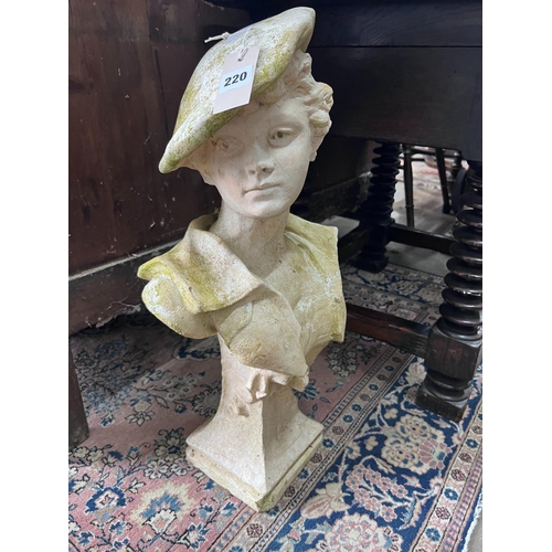 220 - A reconstituted stone bust of a 17th century youth, height 60cm *Please note the sale commences at 9... 