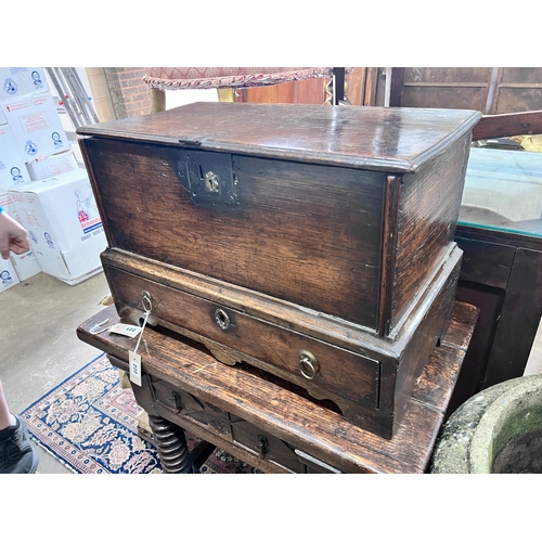 222 - A small early 18th century oak mule chest, width 64cm, depth 34cm, height 42cm *Please note the sale... 