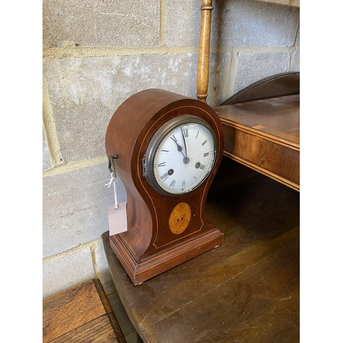 228 - An Edwardian inlaid mahogany tear drop mantel clock, height 34cm and a carved oak aneroid wheel baro... 