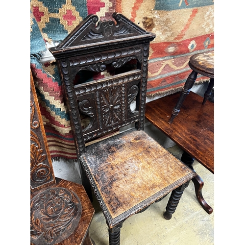 247 - A Victorian oak hall chair table, spinning chair, a pokerwork stool and a wine table *Please note th... 