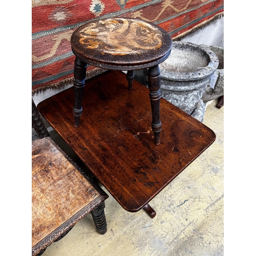 247 - A Victorian oak hall chair table, spinning chair, a pokerwork stool and a wine table *Please note th... 