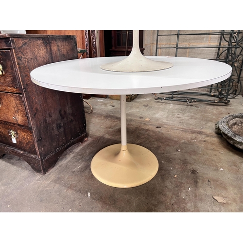 255 - A small mid century white melamine topped Tulip design table, 101cm, and a single matching chair *... 